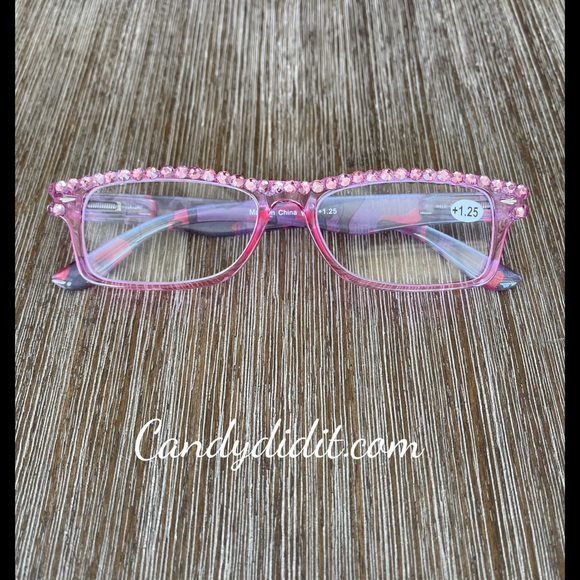Translucent Pink Camo W/Orange Crystals Bling Reader Glasses With Case - Picture 2 of 10